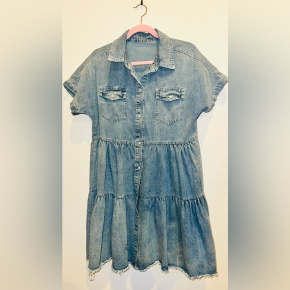 FRAYED HEM COLLARED DENIM MINI DRESS - Picture 9 of 12